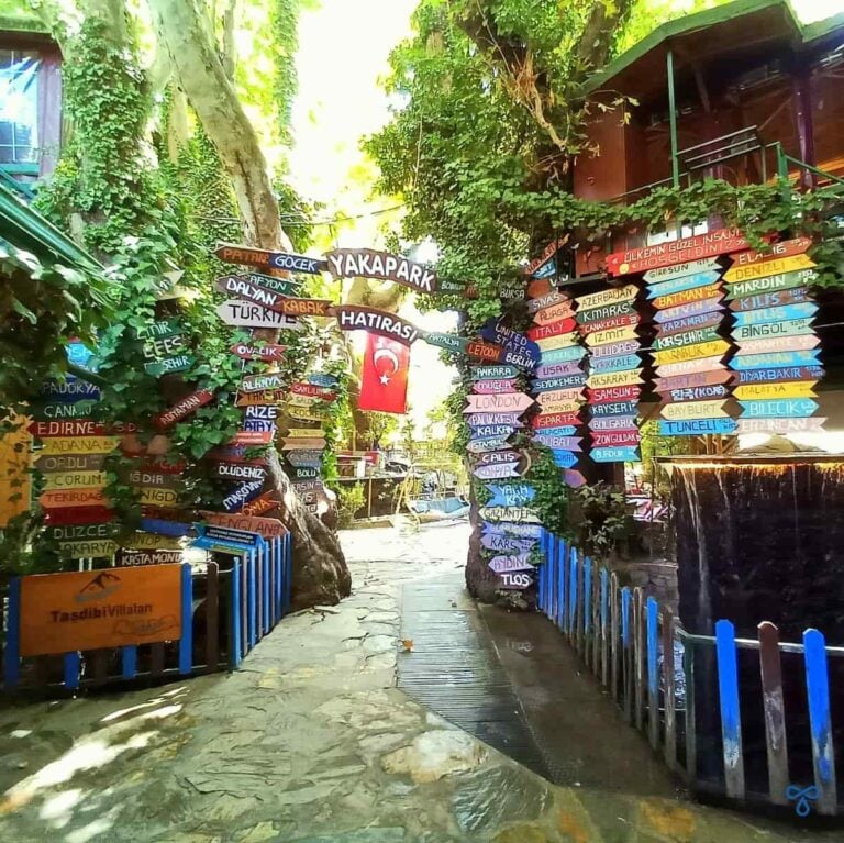 Multiple coloured wooden signs with place names mark the entrance to Yakapark