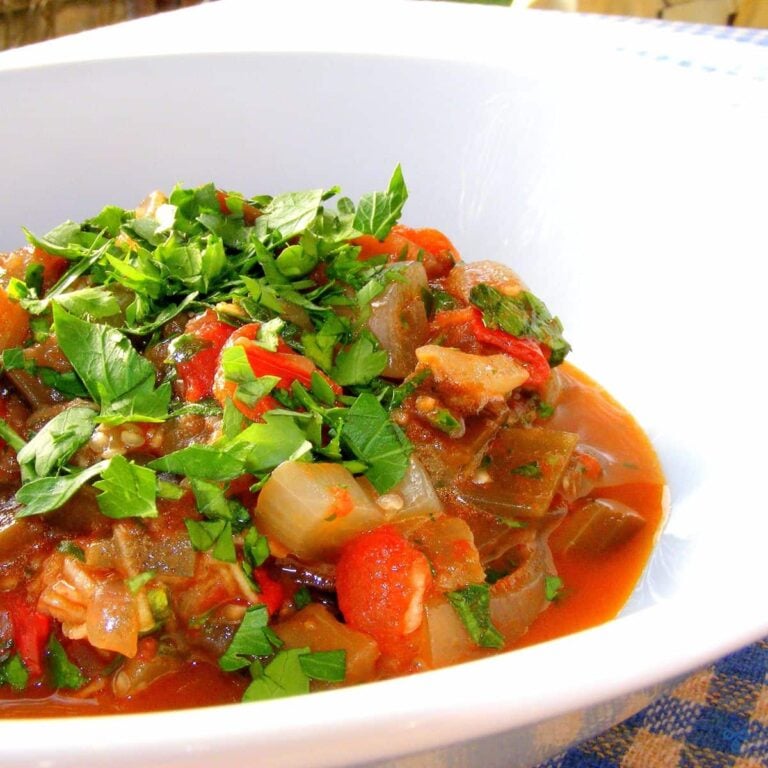 A stew in a white bowl, topped with fresh shopped green herbs. Onions and tomatoes are visible.