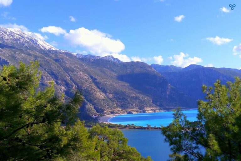 A view of the Ölğdeniz lagoon from above. Pine tree tops frame the view and snow-capped mountains back onto the turquoise water