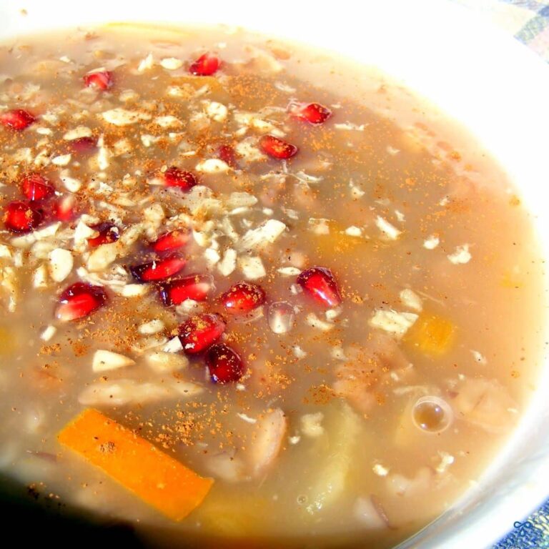 Aşure, Noah's Pudding - a soup with oats and orange peel and topped with pomegranate arils.