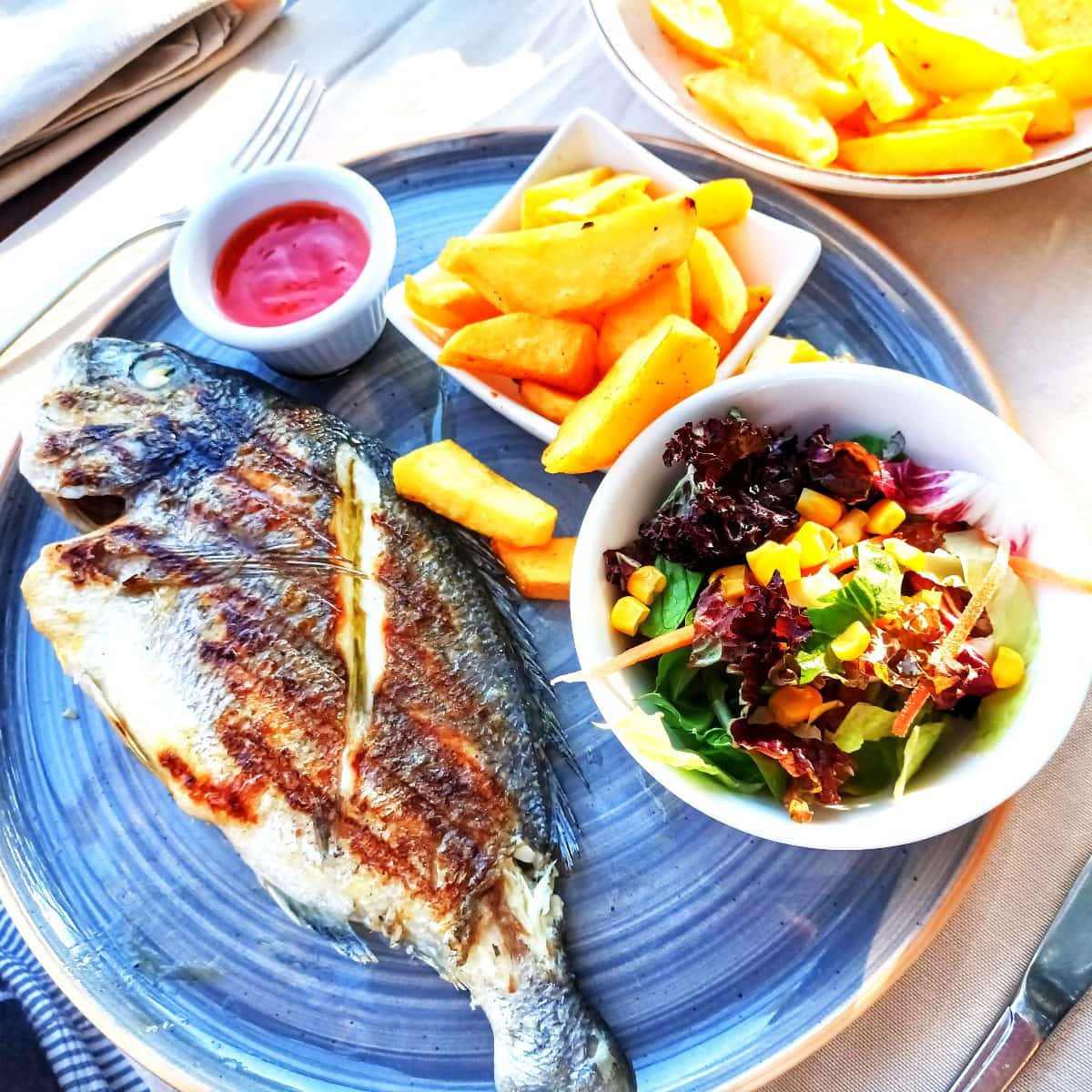 A seared sea bream on a plate with a bowl of chips and mixed salad