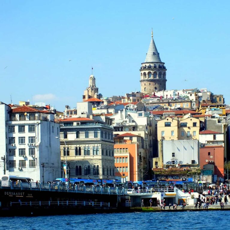 A view across the Golden Horn to Karaköy and the hillside of Galata. Galata Tower rises above into the skyline.