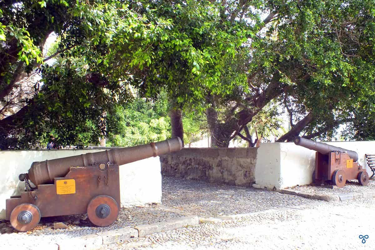Two ancient cannons mark the entrance to a pathway to the Neratzia Castle, Kos Town. The pathway is shaded by trees.