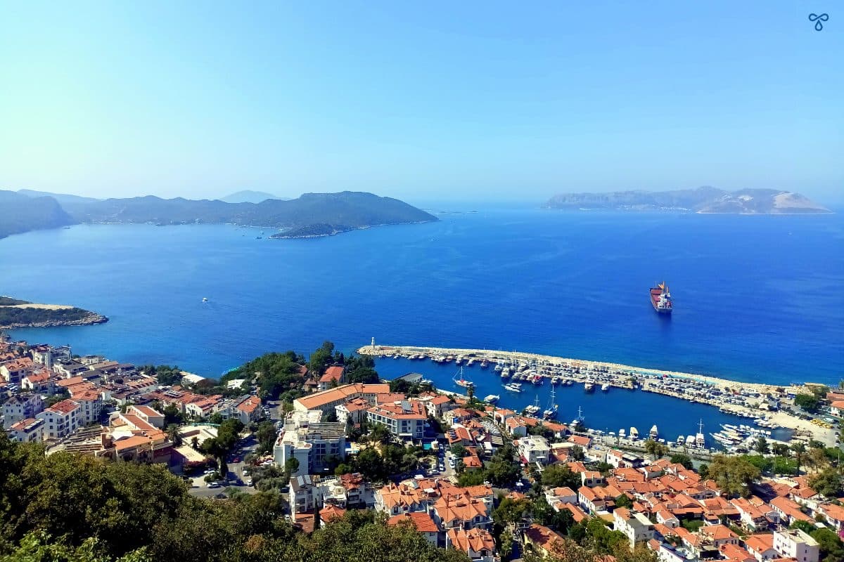 Looking out over Kaş and the harbour from high above. The Greek island of Meis is in the distance.