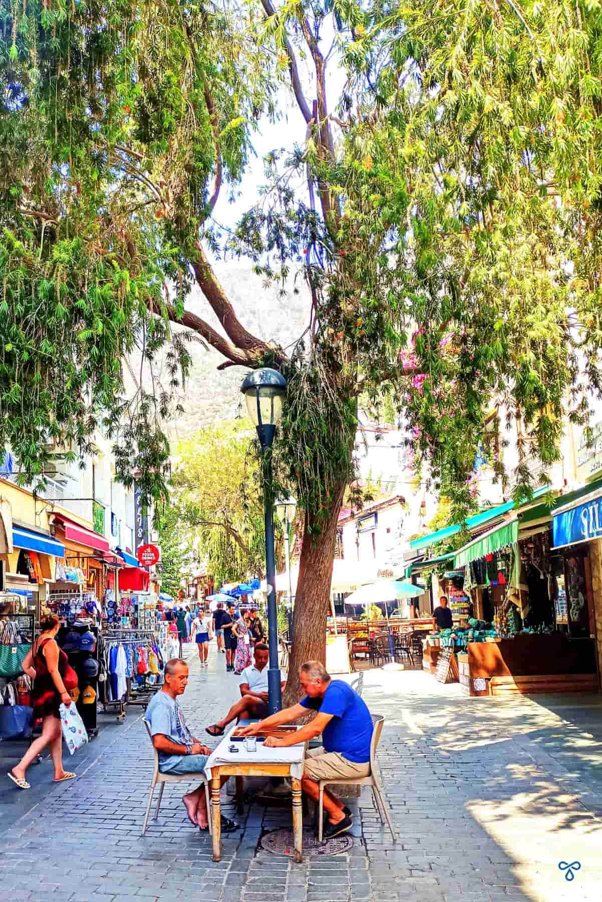 Two men play backgammon under the shade of a tree on a pedestrianised shopping street in Kaş.