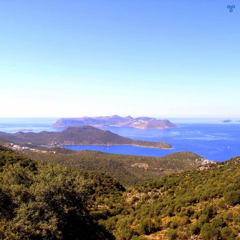 High views over forested hillsides of Kaş and across the sea to the Greek island of Kastellorizo.