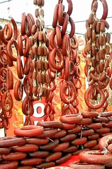 Sucuk - Turkish beef sausage - hanging on a market stall