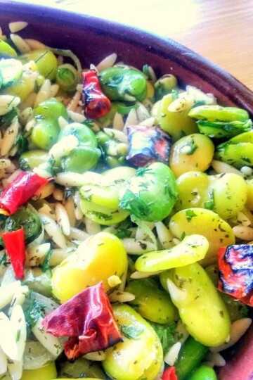 A section of a salad of broad beans, orzo and red, charred, chopped chillies.