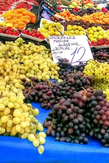 Market stalls in Çalış filled with summer fruits