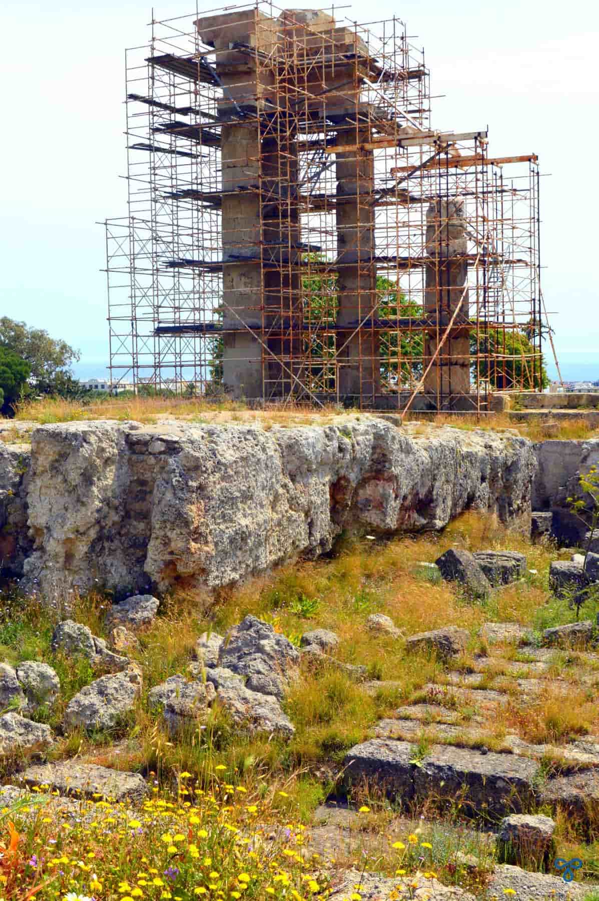 The scaffolded columns of the temple at the Acropolis of Rhodes. Further ruins and wildflowers are in the foreground.