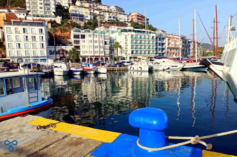 Fethiye harbour shoreline with yachts and gulets