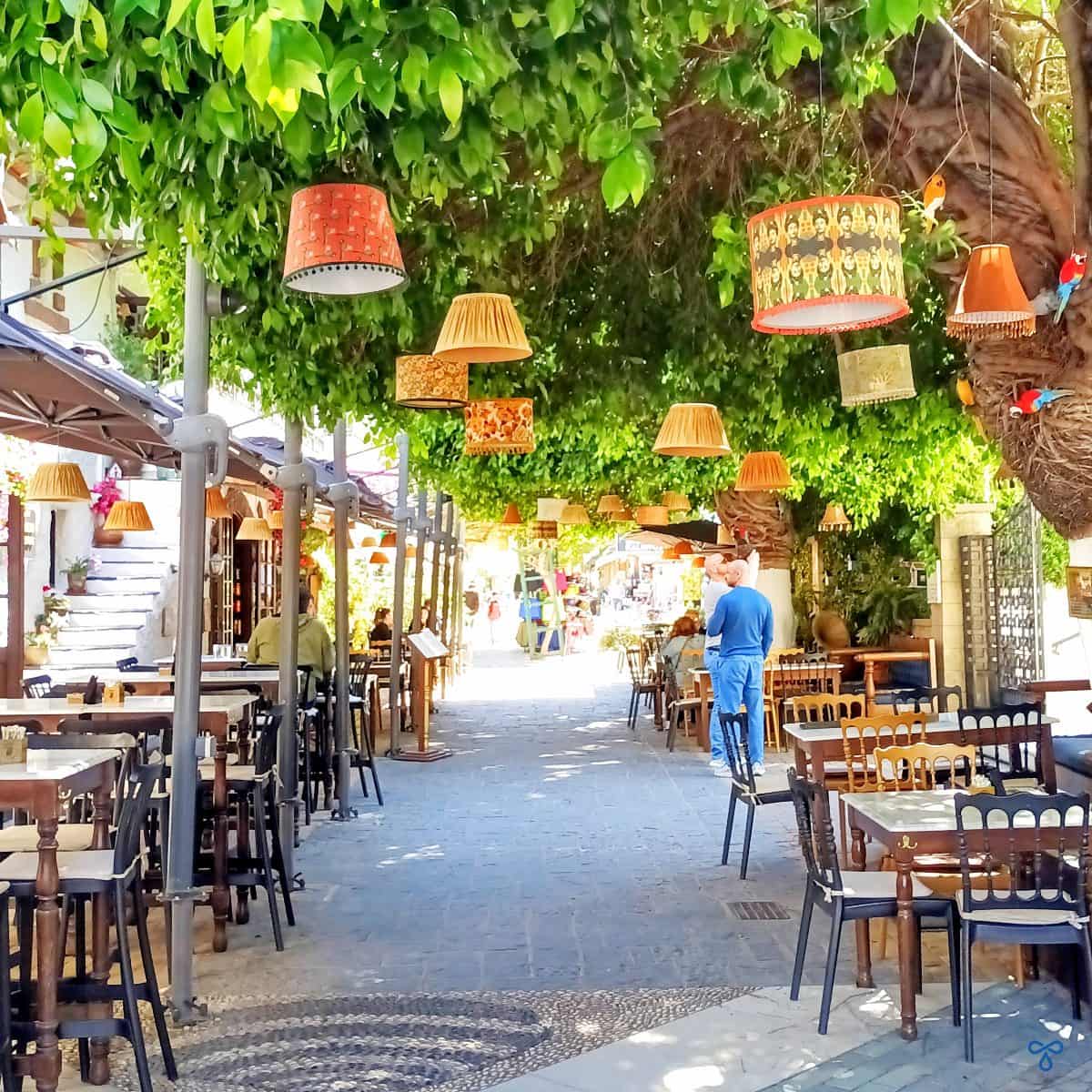 A pedestrianised street lined with tables and chairs. The street is shaded by overhanging trees with lampshades.