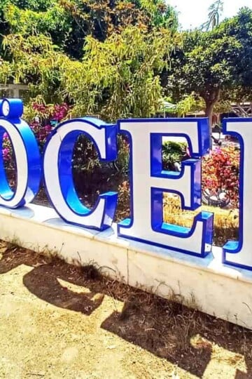 I Love Göcek sign. The sign is made of individual letters which are white and outlined in blue.