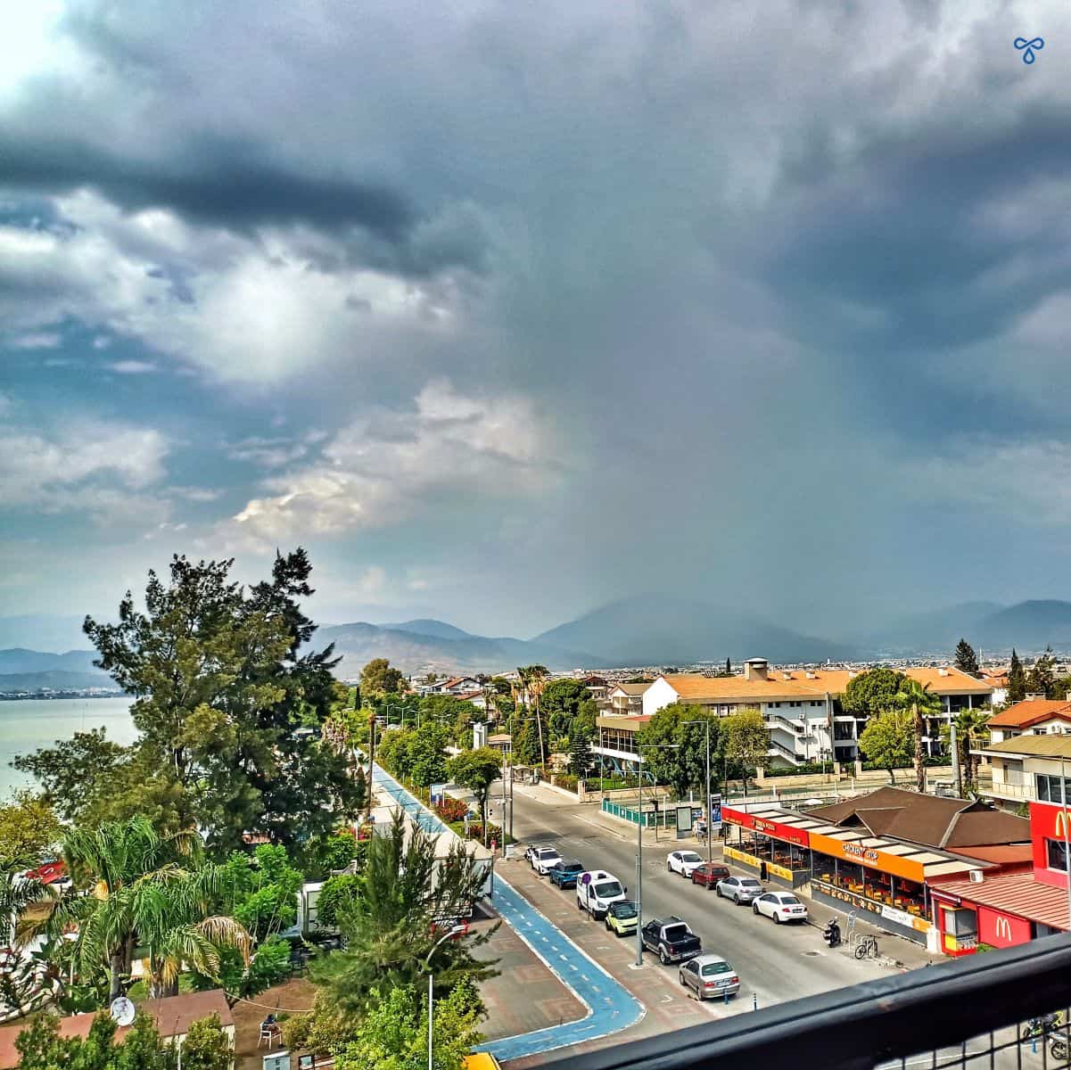 Looking down on the streets of Fethiye. Dark rain clouds are approaching.