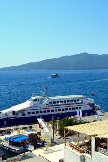 A docked ferry in Marmaris viewed from above.