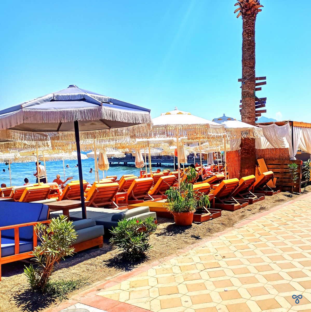 Sun loungers and parasols closely packed along a beach.