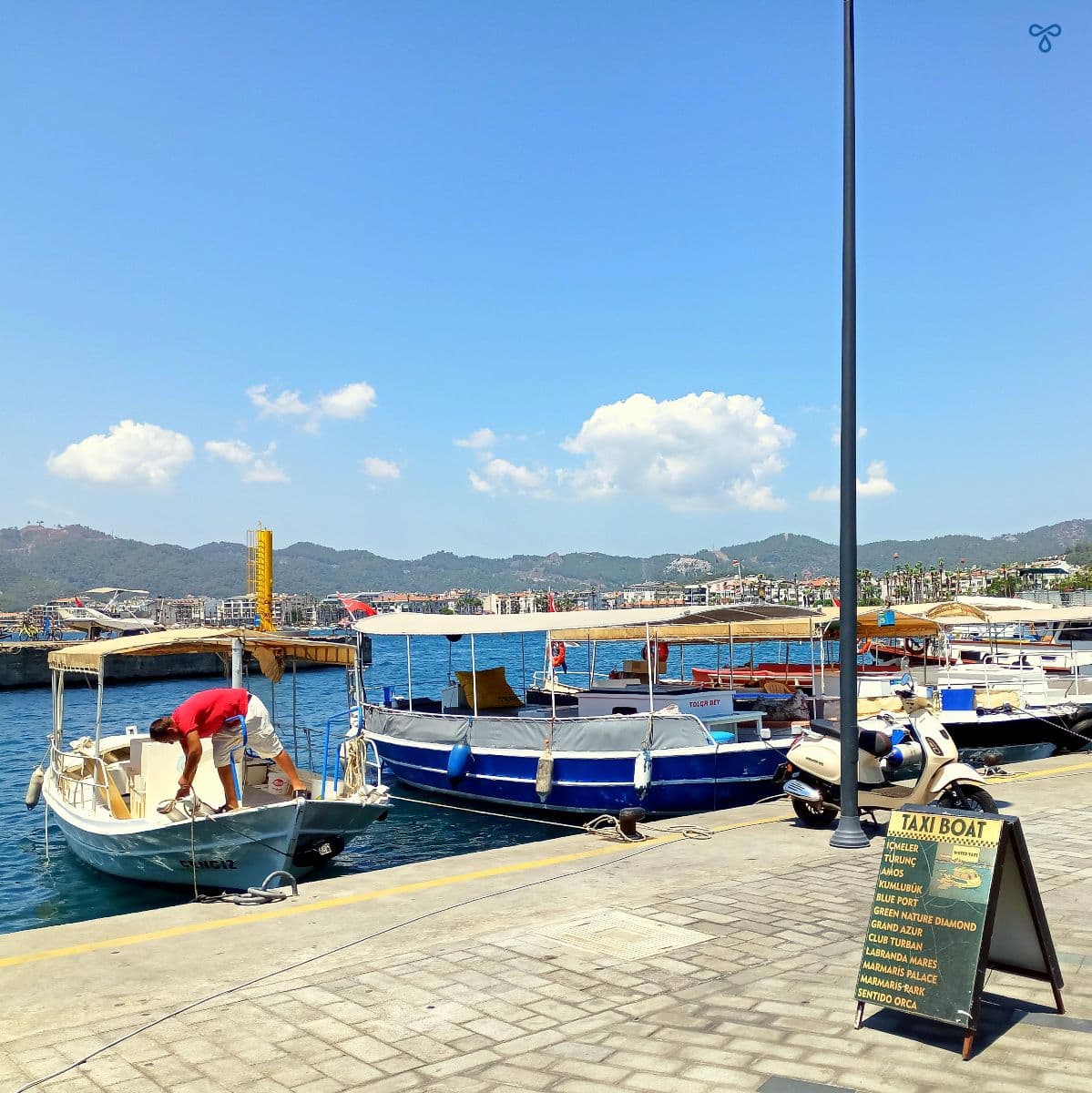 Water taxis moored along Marmaris seafront.