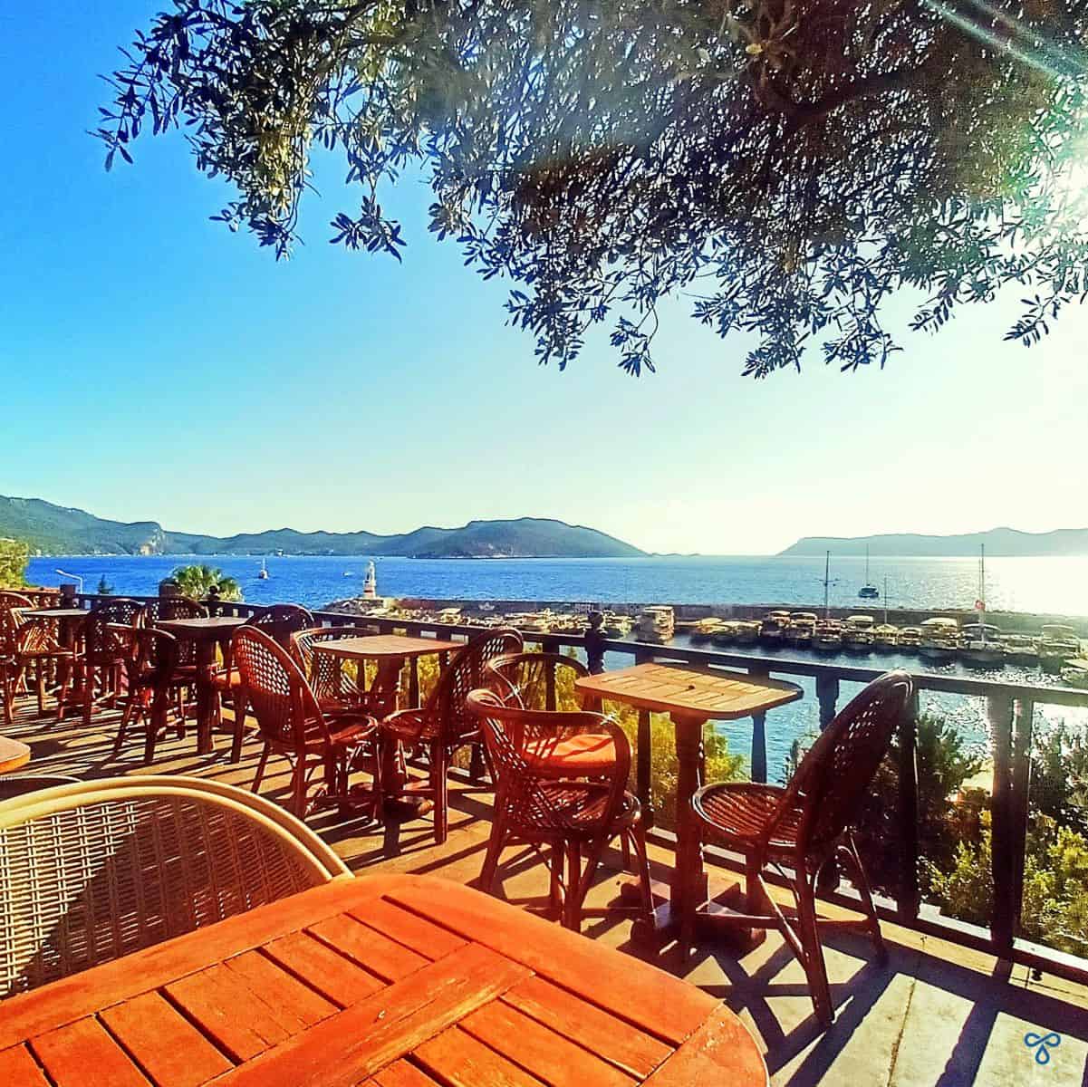 A view over Kaş harbour from a raised bar terrace.