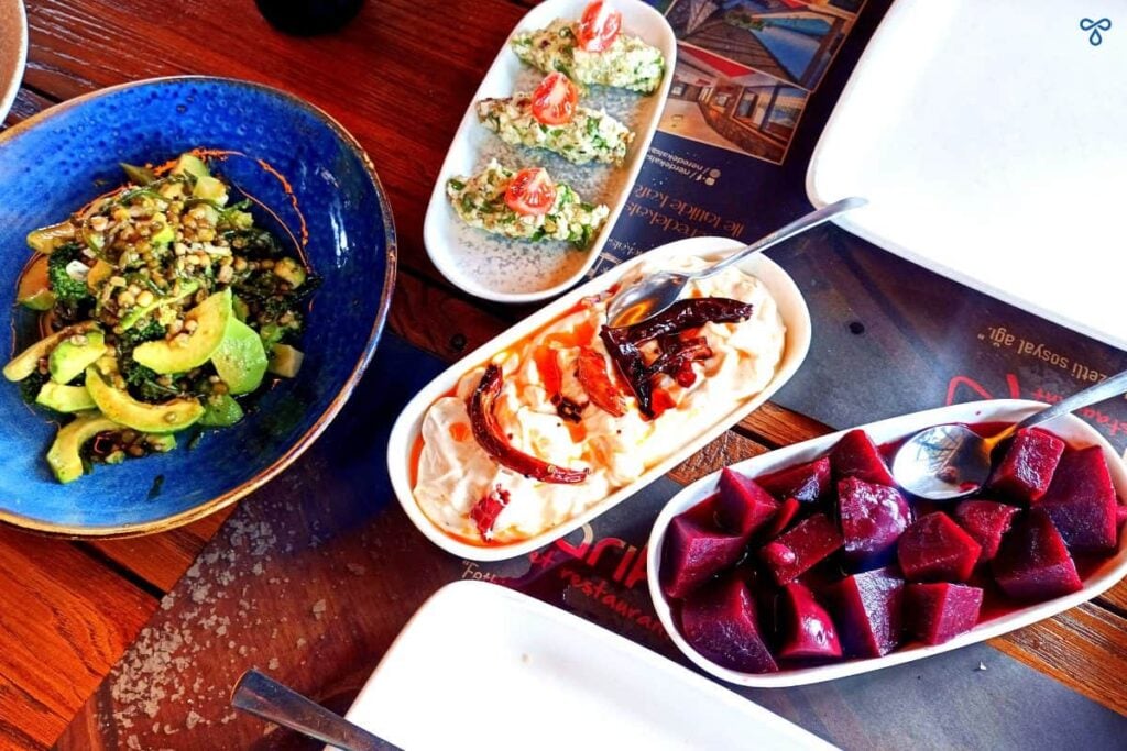 Four Turkish meze plates taken from above. Beetroot and yoghurt are present.