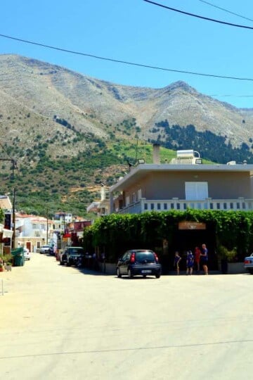 A fork in the road at Embonas with Attavyros mountain in the background.