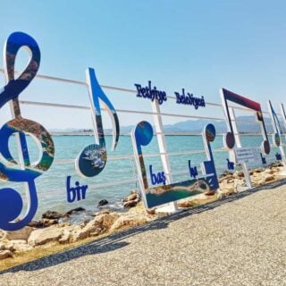 A bar of music erected along Fethiye harbour. The notes feature famous scenes from around Fethiye.