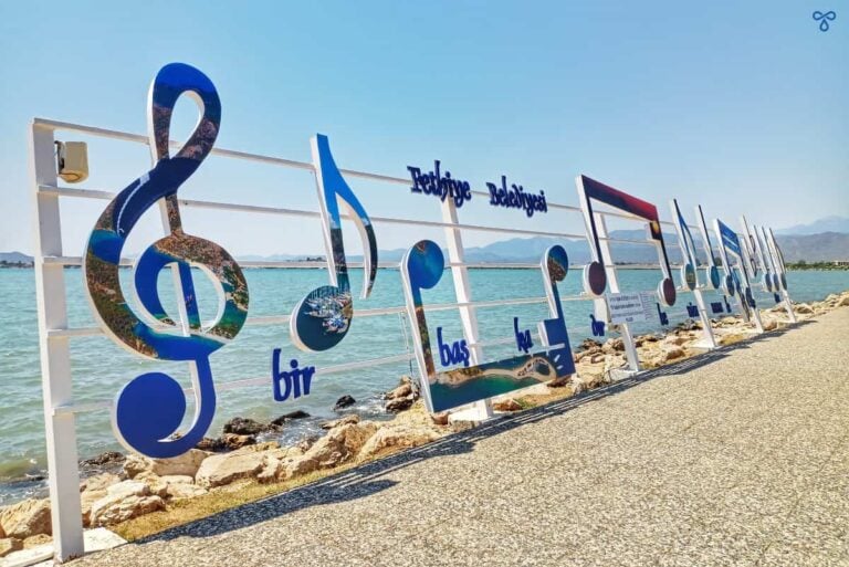 A bar of music erected along Fethiye harbour. The notes feature famous scenes from around Fethiye.