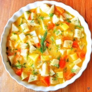 A bowl of celeriac, carrot and potato chunks in an orange sauce with sprinkles of fresh chopped dill over the top.