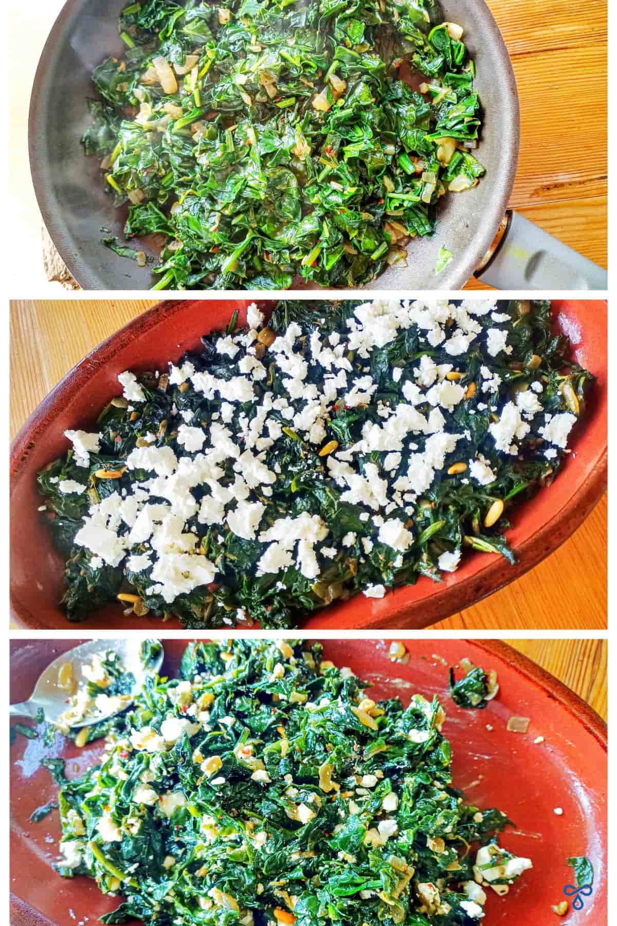 A collage of three photos showing the stages of cooked spinach, then with cheese added and then with the cheese mixed in.