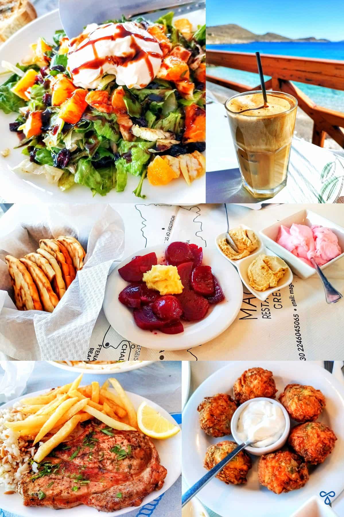 A collage of different meals & drinks including a mixed salad, pork steak and Greek frappe.