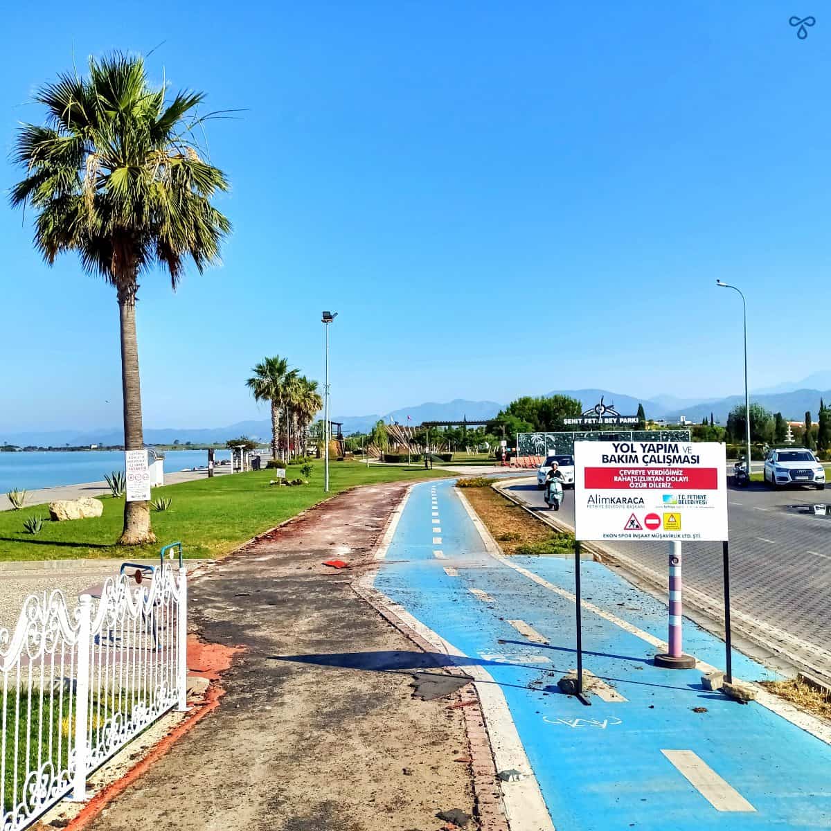A blue cycle track and a side path under repair in Fethiye.