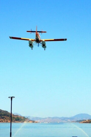 A firefighting plane flies low over the sea against a blue sky. Palm trees are each sire of the shot.