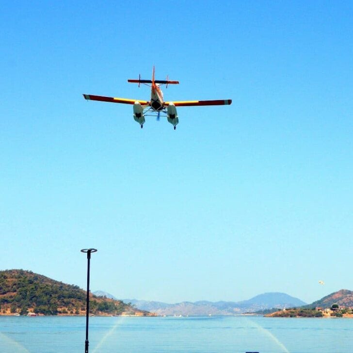 A firefighting plane flies low over the sea against a blue sky. Palm trees are each sire of the shot.