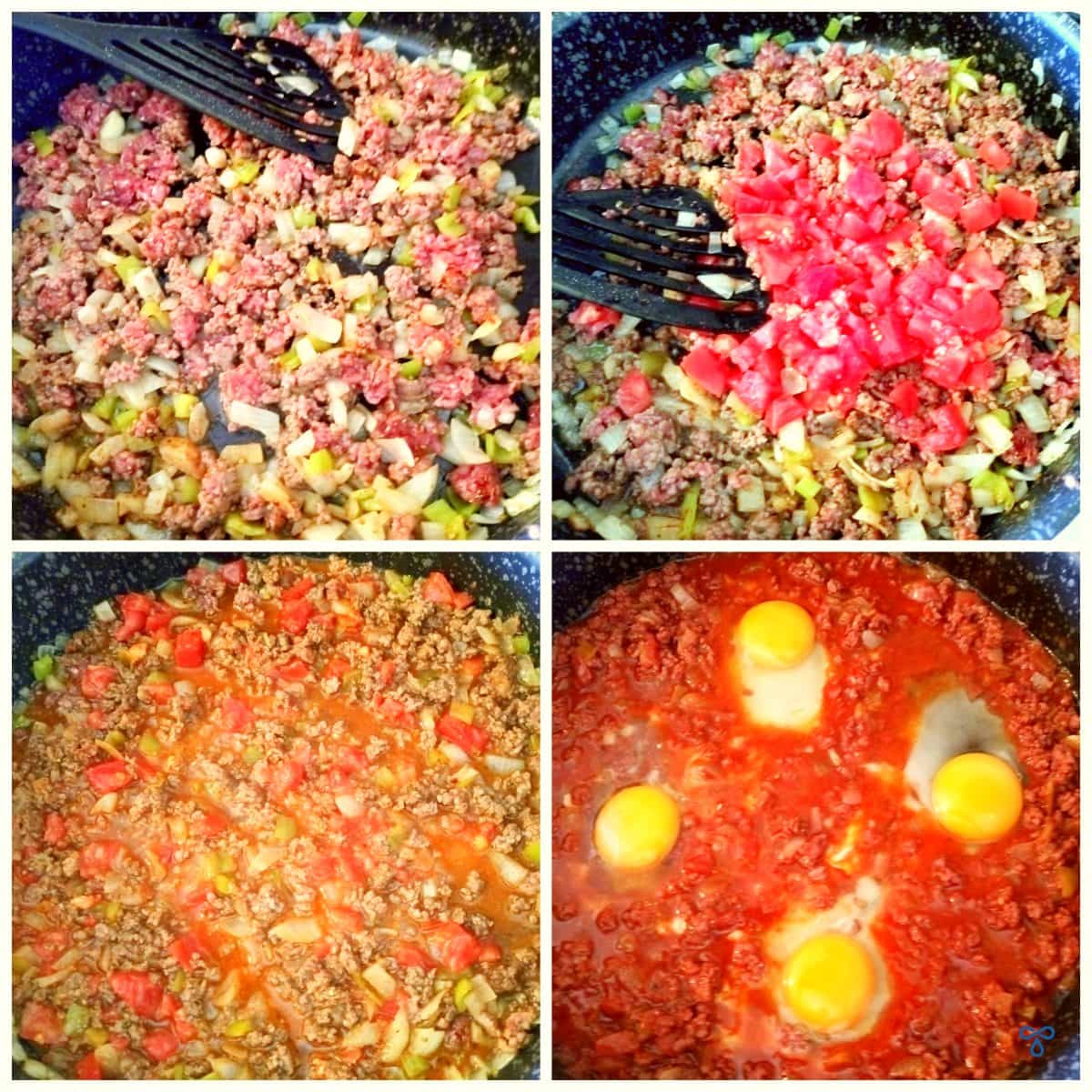 A square collage of four photos showing the cooking process for kıymalı yumurta.