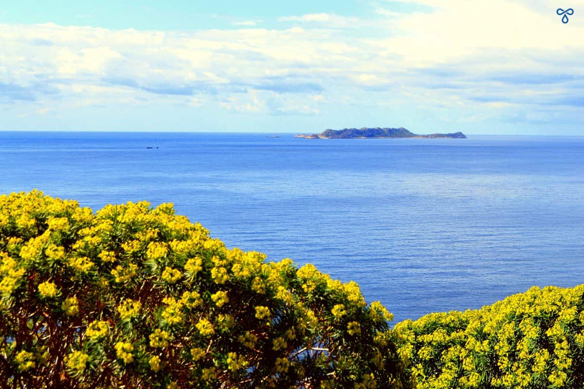 A view over the sea to the tiny Greek island of Ro from the peninsula road.