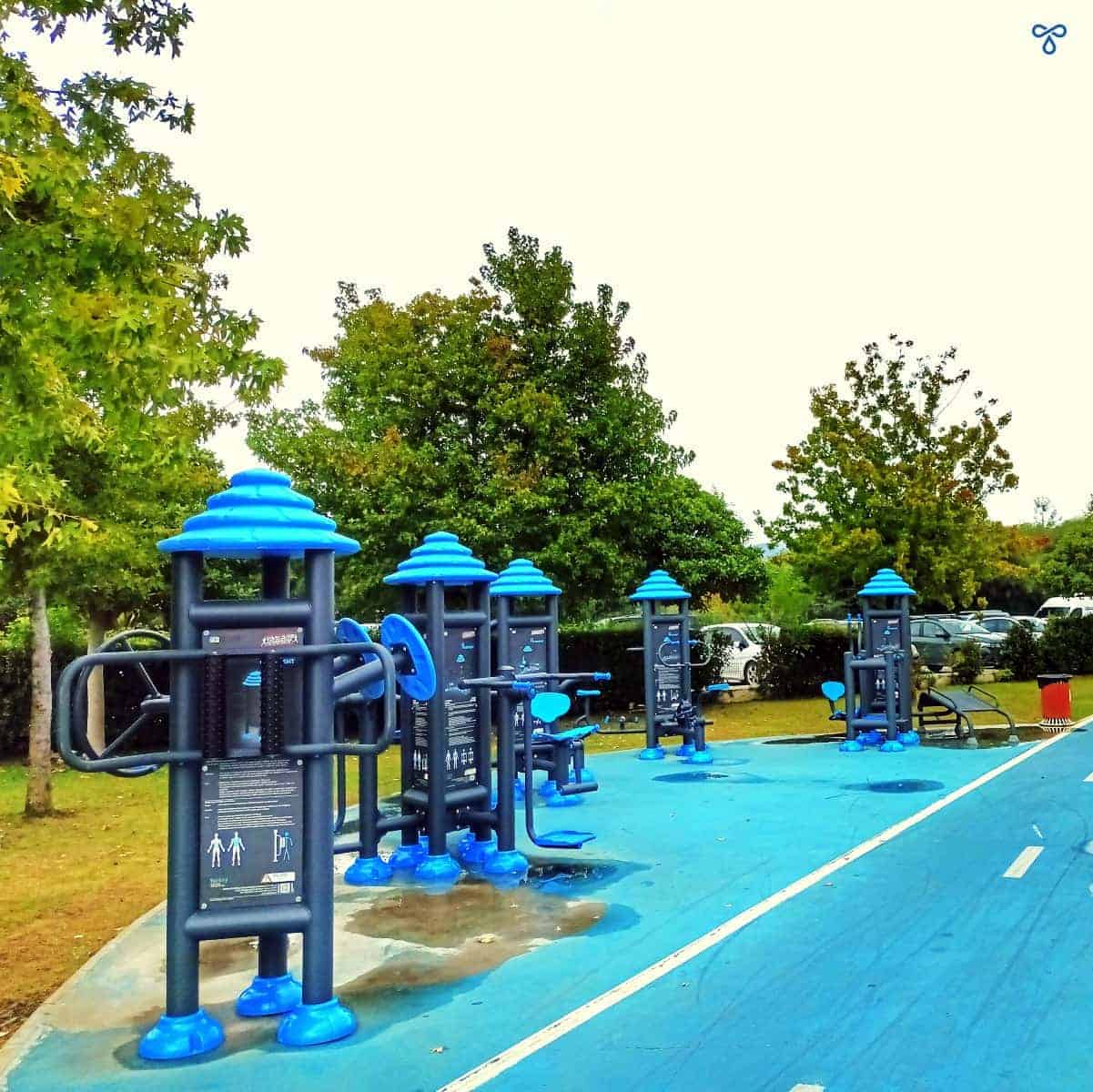 An outdoor gym backed by trees and with a blue cycle track running alongside it.