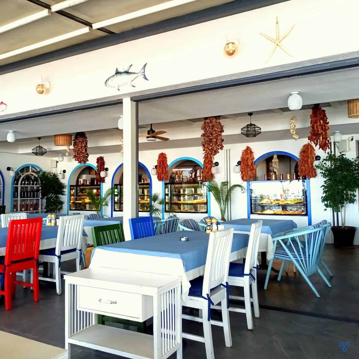 Arched display fridges with tables and chairs in the foreground. Dried chillies and aubergines hang from the restaurant ceiling. 